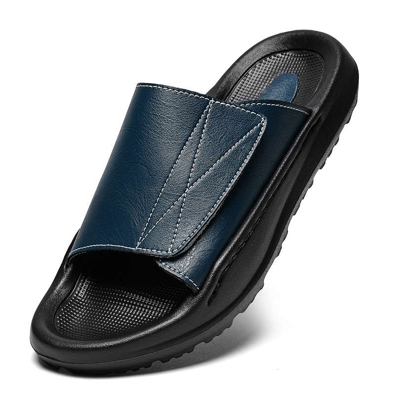 Men'S Shoes With Velcro - รองเท้าแตะหนังแบบสวมสำหรับผู้ชาย ปรับได้ เปิดส้น สวมง่าย ระบายอากาศได้ดี เหมาะสำหรับฤดูร้อน