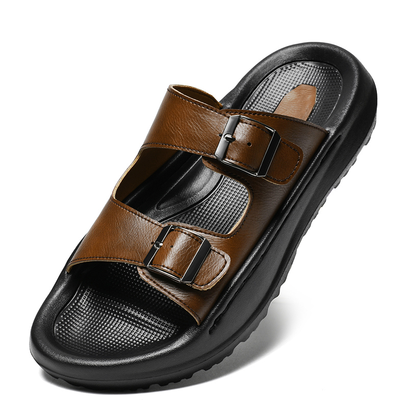 Men'S Shoes With Velcro - บุรุษสวมรองเท้าแตะหนังรองเท้าแตะคู่หัวเข็มขัดนุ่มสบายฤดูร้อนสไลด์รองเท้าแตะรองเท้าหนา 3 ซม