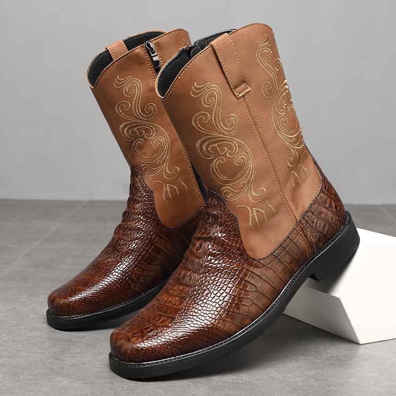 Men'S Shoes With Wide Toe Box - ผู้ชายกว้างสูงรองเท้าคาวบอยฤดูใบไม้ร่วง 2025 PUหนังเพลาสูงWesternปักWorkwear Vintageขี่รองเท้าสําหรับกลางแจ้ง