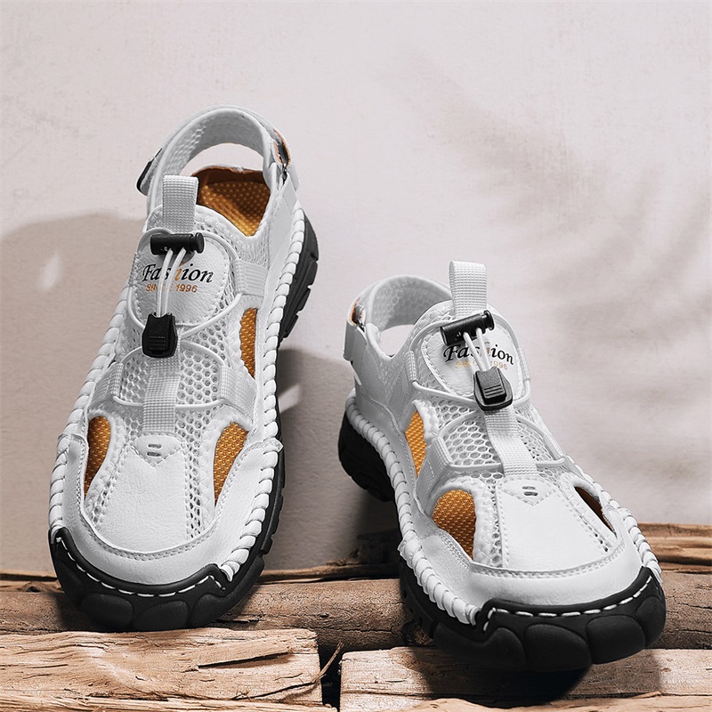 Men'S Shoes With Velcro - รองเท้าแตะพิมพ์ลายตัวอักษรเรียบง่ายสำหรับผู้ชาย, รองเท้าแตะแบบกลวงสำหรับชายหาดฤดูร้อน, รองเท้าผู้ชายแบบเวลโครทันสมัย, รองเท้าเดินป่ากลางแจ้งและรองเท้าเดินตามลำธาร, สวมใส่สบาย, ระบายอากาศได้ดี,
