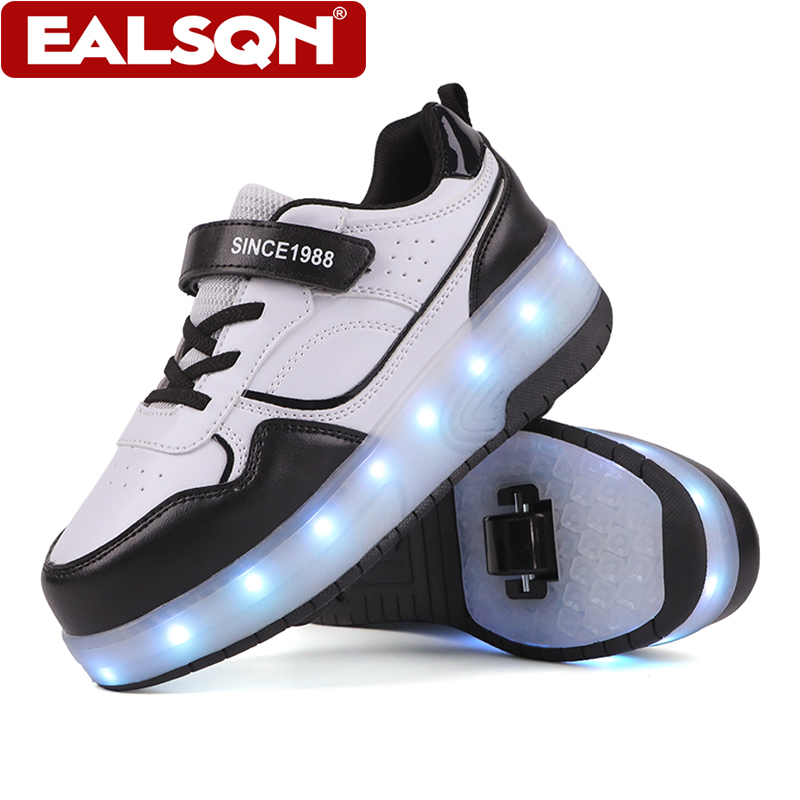 Men'S Shoes For Running - รองเท้าสเก็ตล้อ LED สำหรับเด็ก ดีไซน์ล้อคู่ พร้อมสายรัดเวลโคร รองเท้าสเก็ตสำหรับเด็กผู้ชายและเด็กผู้หญิง